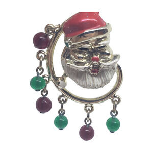 Vintage Santa Claus Christmas Brooch Enamel Red & Green Dangle Beads Holiday